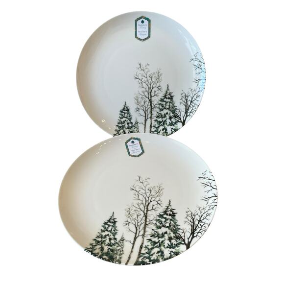 Intesa Home Christmas Pine Tree Dinner Plates 10.5in Green White Set of 2 NEW - Picture 1 of 10